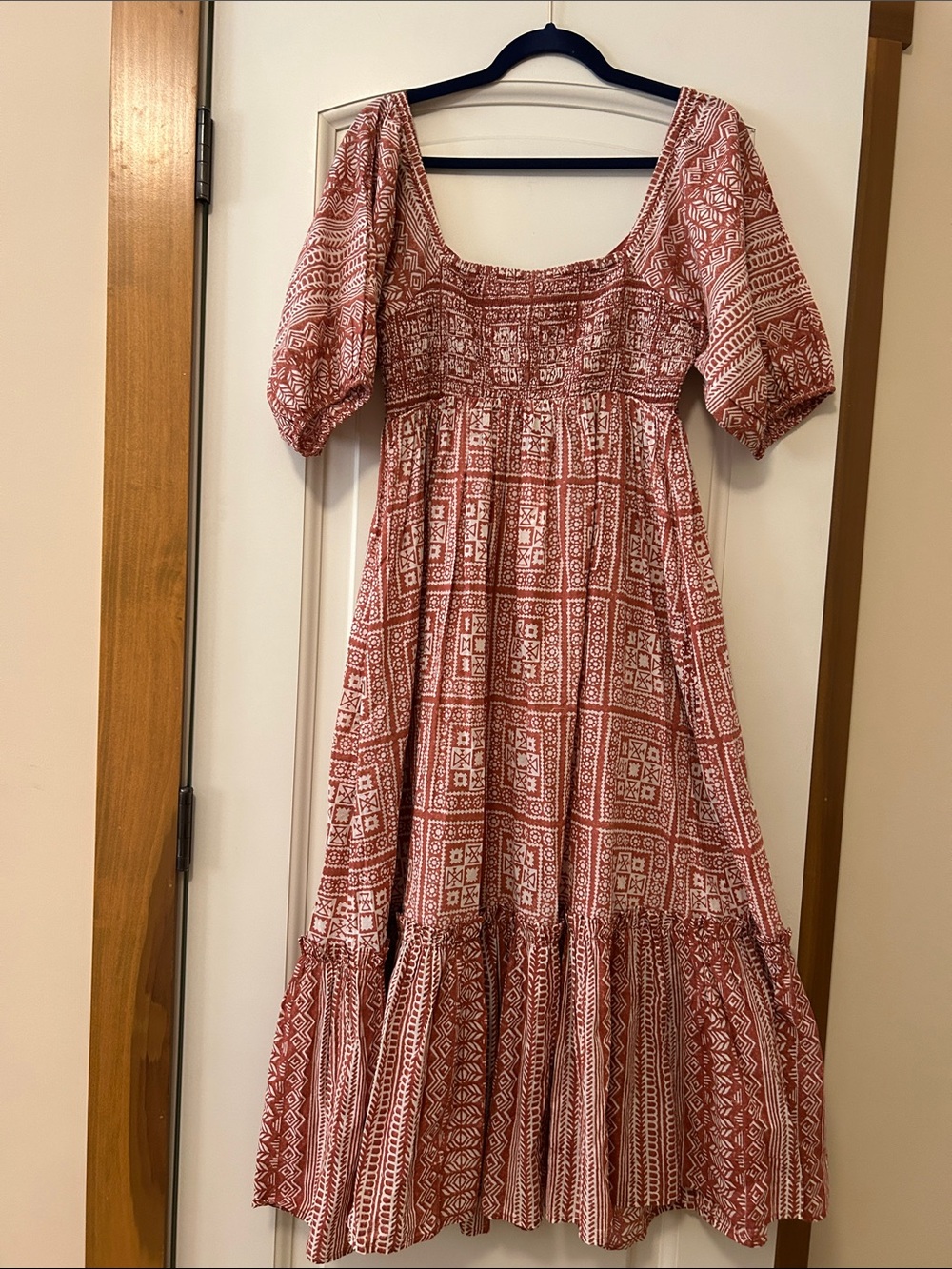 LAST CHANCE Cleobella Joely Rust and White Midi Boho Dress with Puff Sleeves - Picture 10 of 15